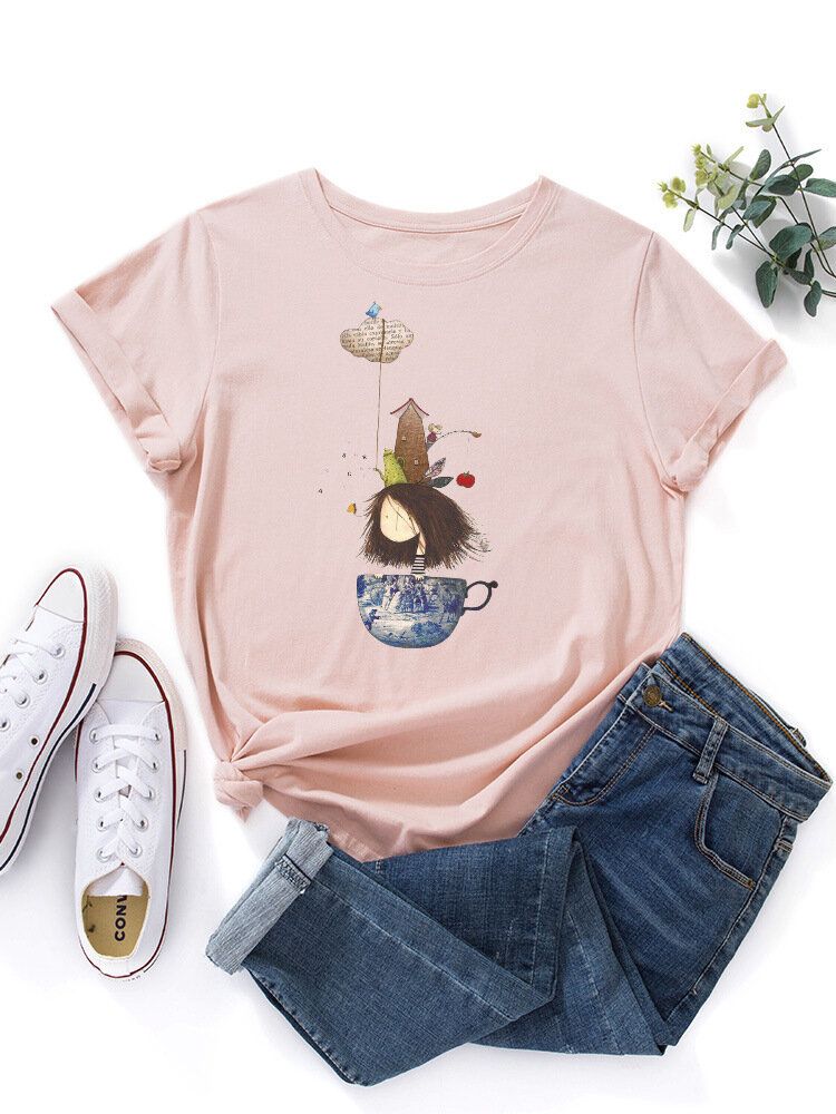 Women Cartoon Girl Print Multicolor O-Neck Short SleeveCasual T-Shirt-Army Green
