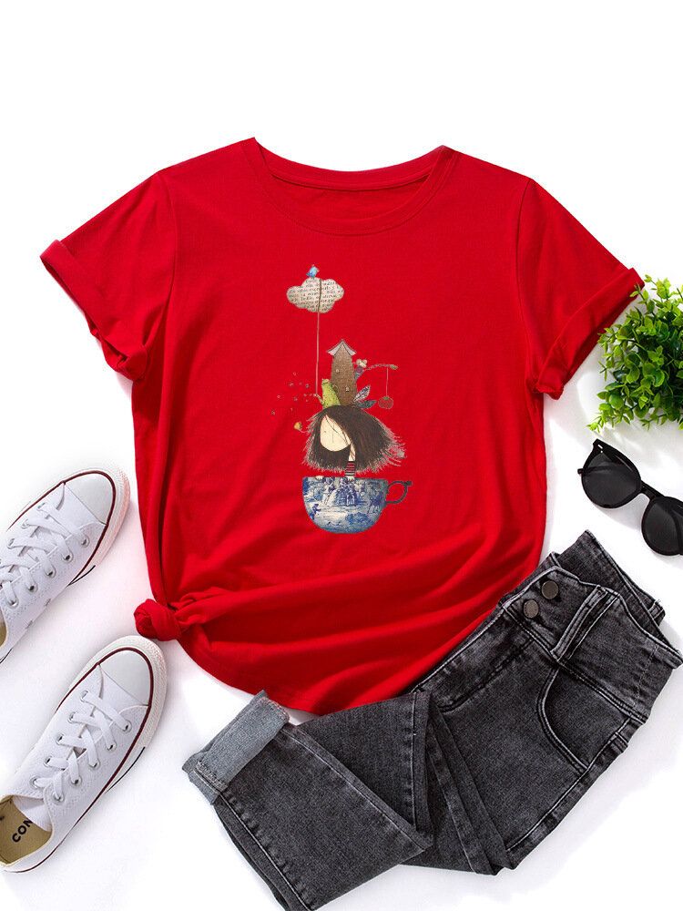 Women Cartoon Girl Print Multicolor O-Neck Short SleeveCasual T-Shirt-Army Green