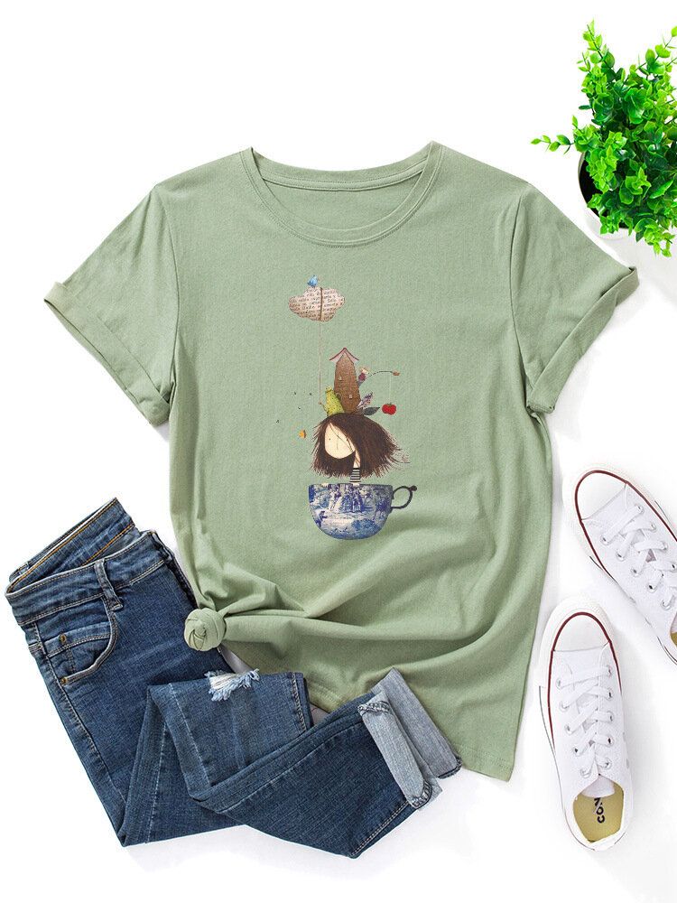 Women Cartoon Girl Print Multicolor O-Neck Short SleeveCasual T-Shirt-Army Green
