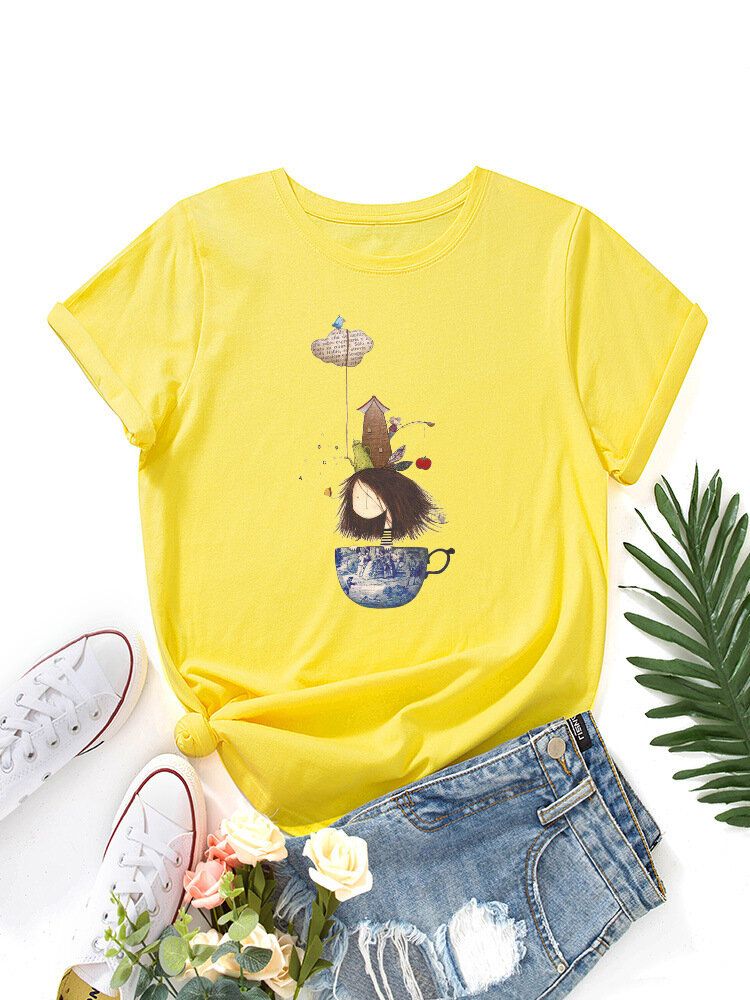Women Cartoon Girl Print Multicolor O-Neck Short SleeveCasual T-Shirt-Army Green