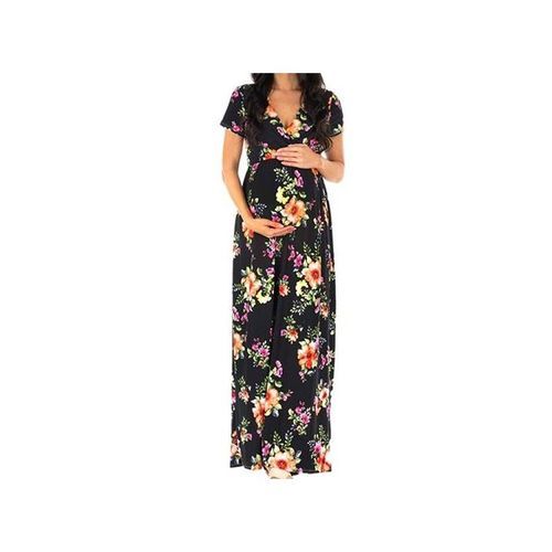 Short Sleeve Cross V-neck Pregnant Women Dress - Black