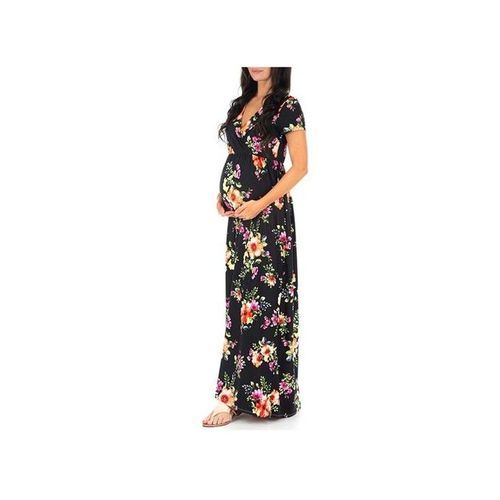Short Sleeve Cross V-neck Pregnant Women Dress - Black