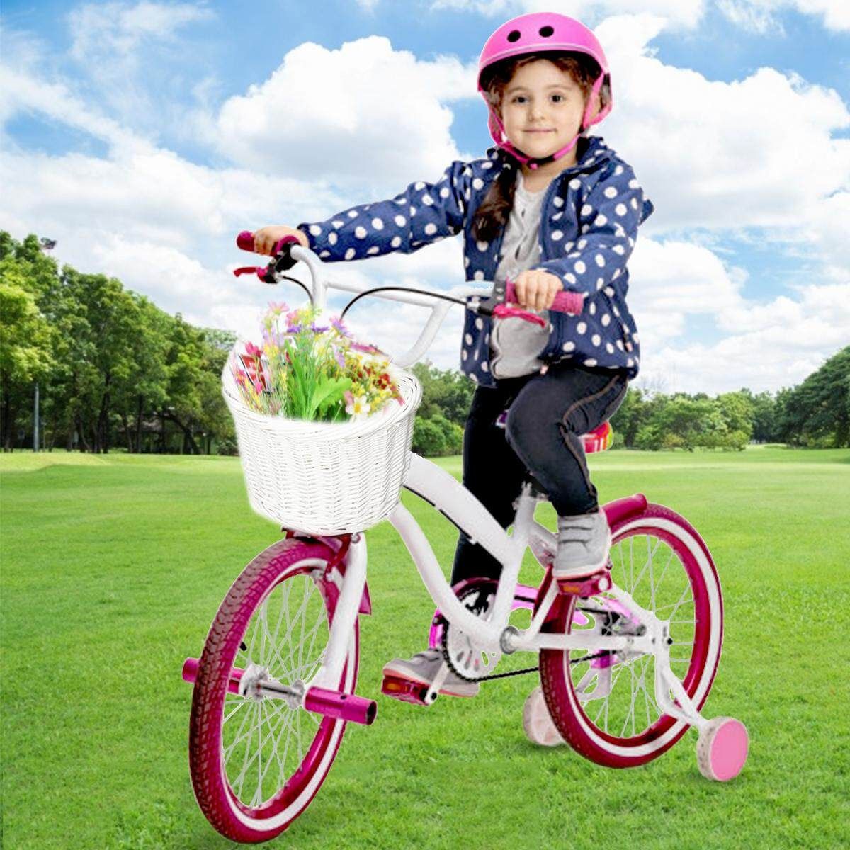 Kids Wicker Bike Bicycle Front Handlebar Basket Shopping With Adjustable Straps White
