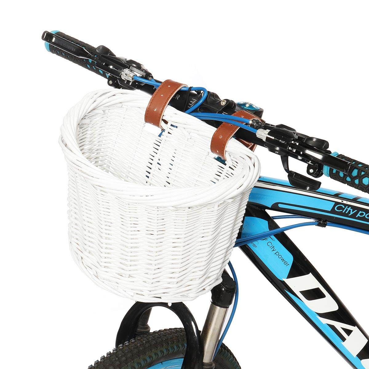 Kids Wicker Bike Bicycle Front Handlebar Basket Shopping With Adjustable Straps White