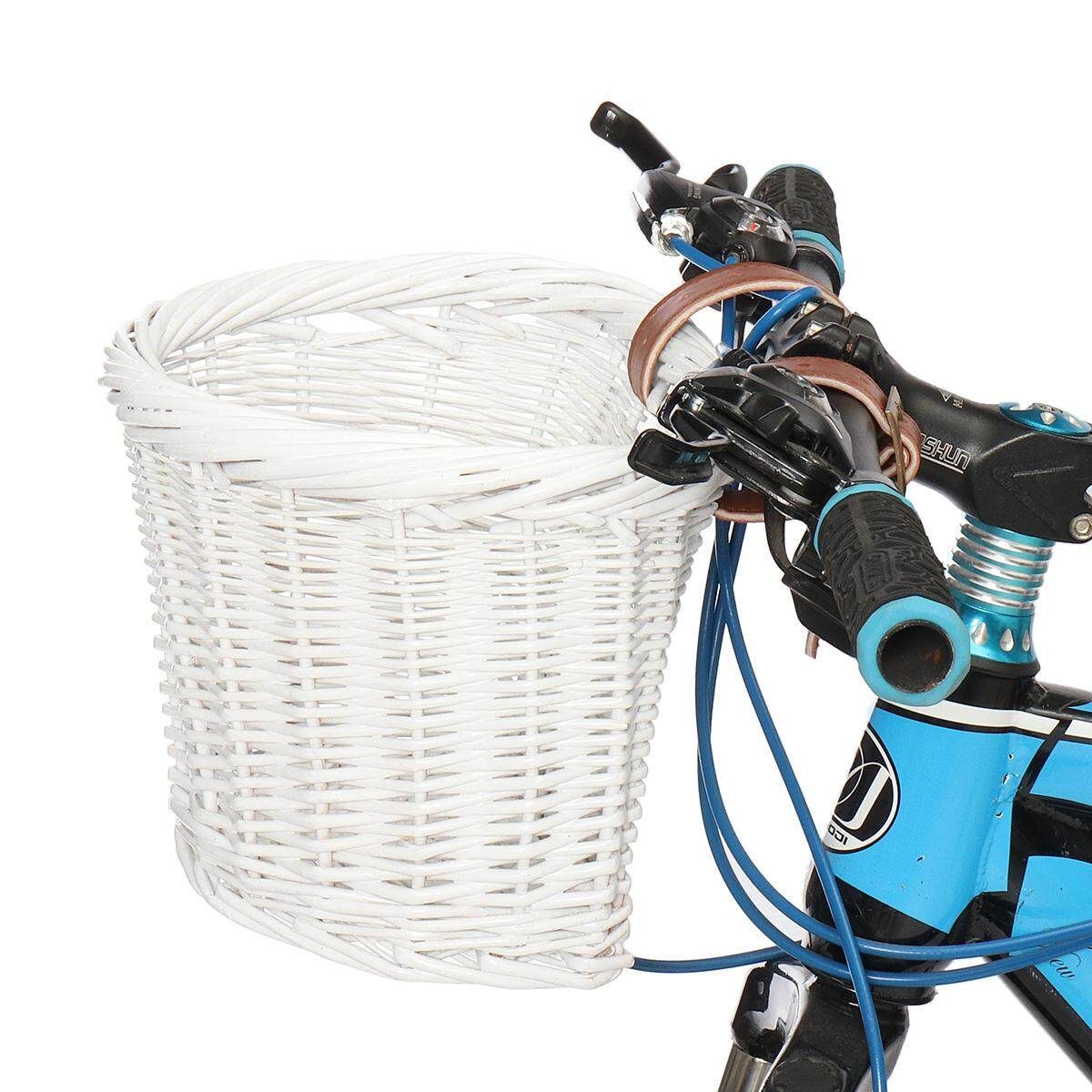 Kids Wicker Bike Bicycle Front Handlebar Basket Shopping With Adjustable Straps White