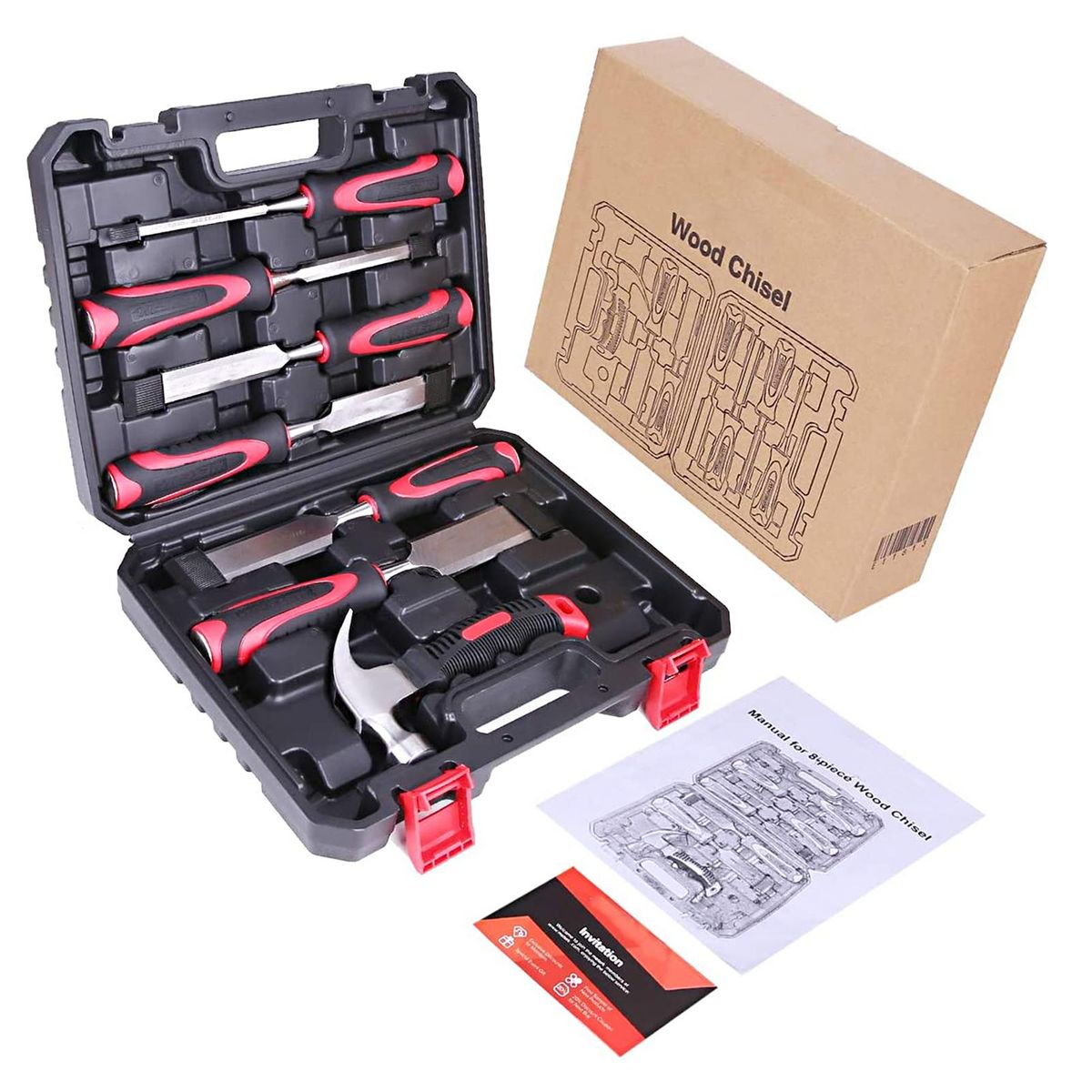 Meterk 8pcs Wood Chisel Set with Hammer Wood Carving Tools with Storage Case Non-slip Handle for Carving Woodworking Anti-Rust