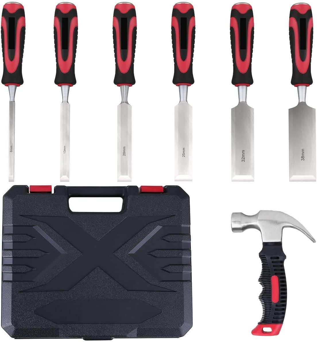 Meterk 8pcs Wood Chisel Set with Hammer Wood Carving Tools with Storage Case Non-slip Handle for Carving Woodworking Anti-Rust