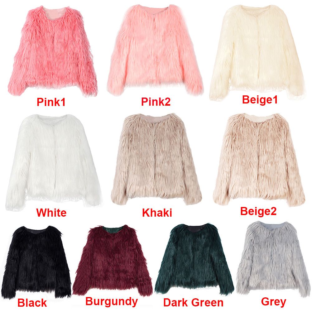 Winter Women Coat Solid Color Long Sleeve Fluffy Outerwear Short Jacket Hairy Warm Overcoat-khaki