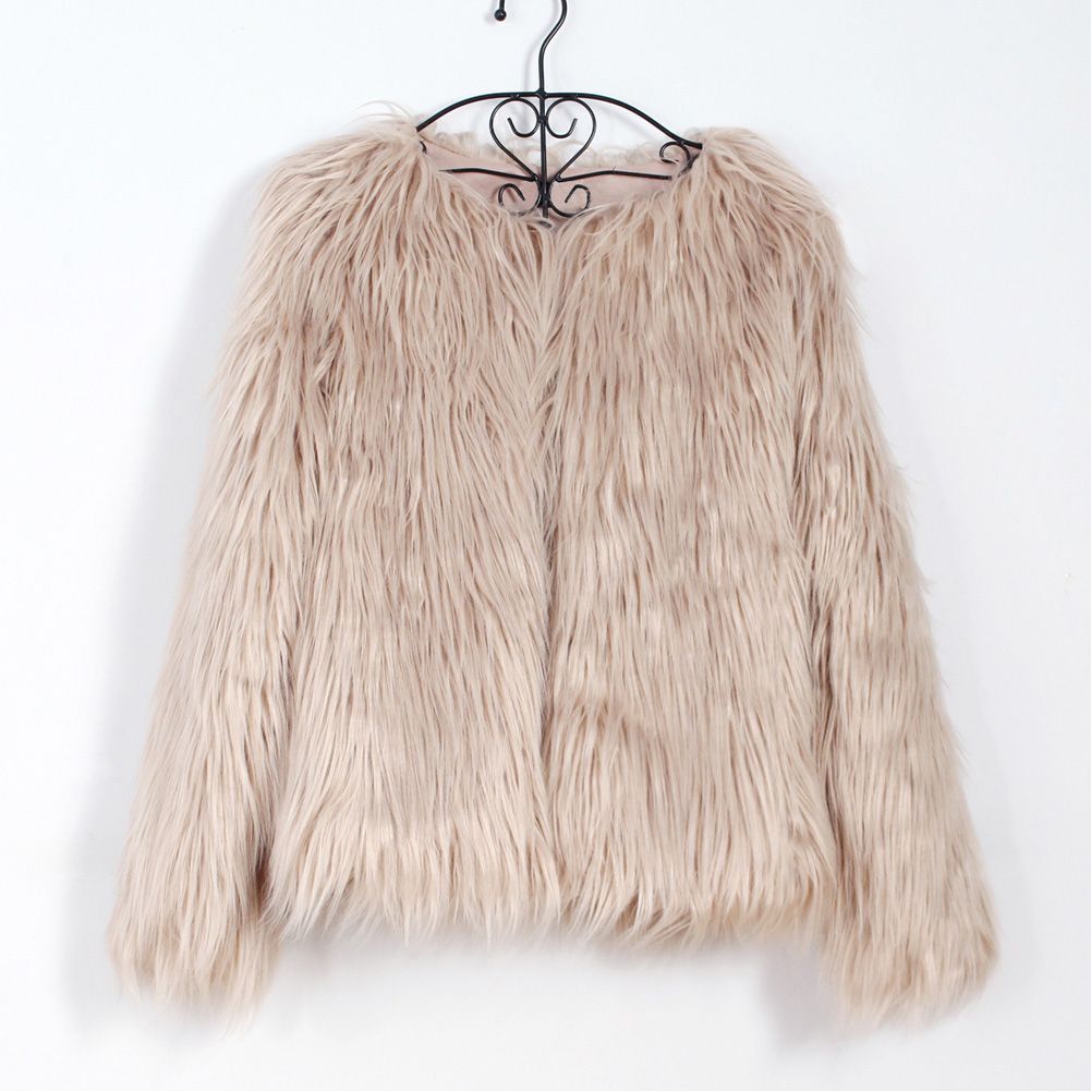 Winter Women Coat Solid Color Long Sleeve Fluffy Outerwear Short Jacket Hairy Warm Overcoat-khaki