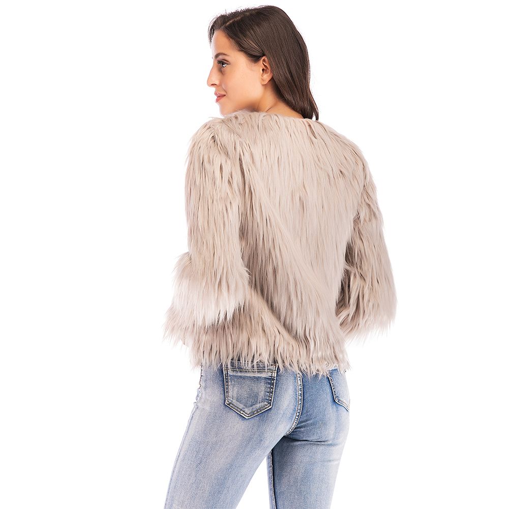 Winter Women Coat Solid Color Long Sleeve Fluffy Outerwear Short Jacket Hairy Warm Overcoat-khaki