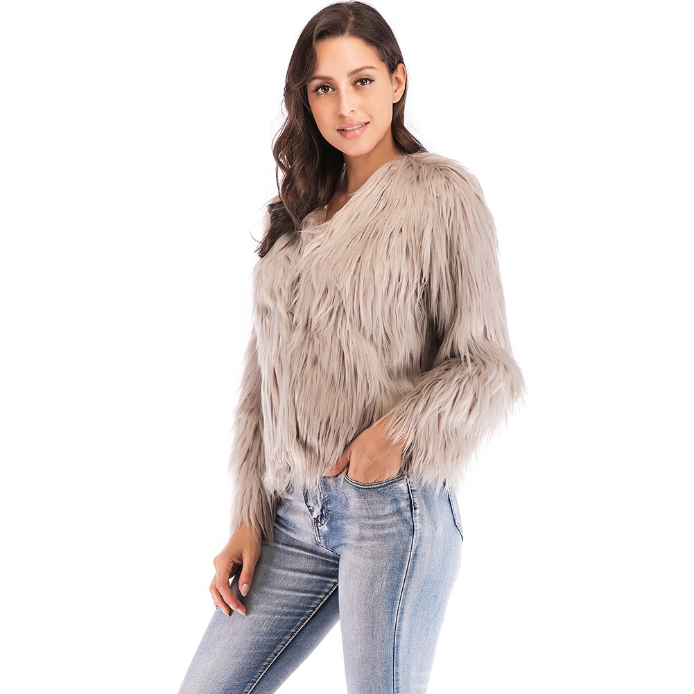 Winter Women Coat Solid Color Long Sleeve Fluffy Outerwear Short Jacket Hairy Warm Overcoat-khaki