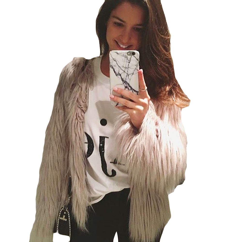 Winter Women Coat Solid Color Long Sleeve Fluffy Outerwear Short Jacket Hairy Warm Overcoat-khaki