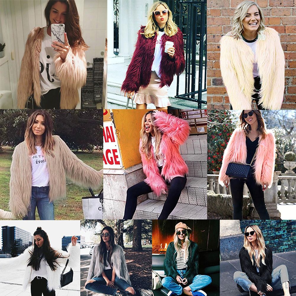 Winter Women Coat Solid Color Long Sleeve Fluffy Outerwear Short Jacket Hairy Warm Overcoat-khaki