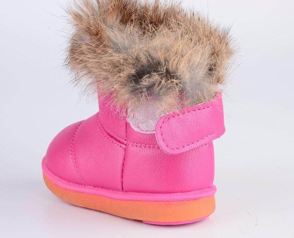 Child Girls Kids Winter Warm Booties Leather Rabbit Fur Shoes Snow Ankle Boots Rose 21