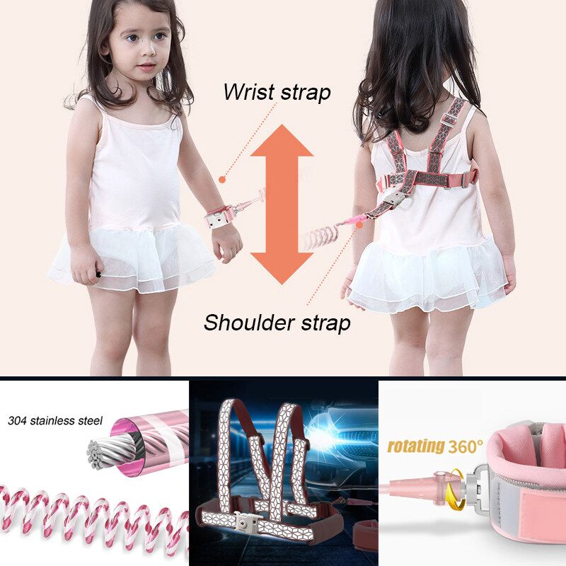 Baby Walking Harness Toddler Kids Anti-lost Safety Shoulder Strap Wrist Link Pink 2M