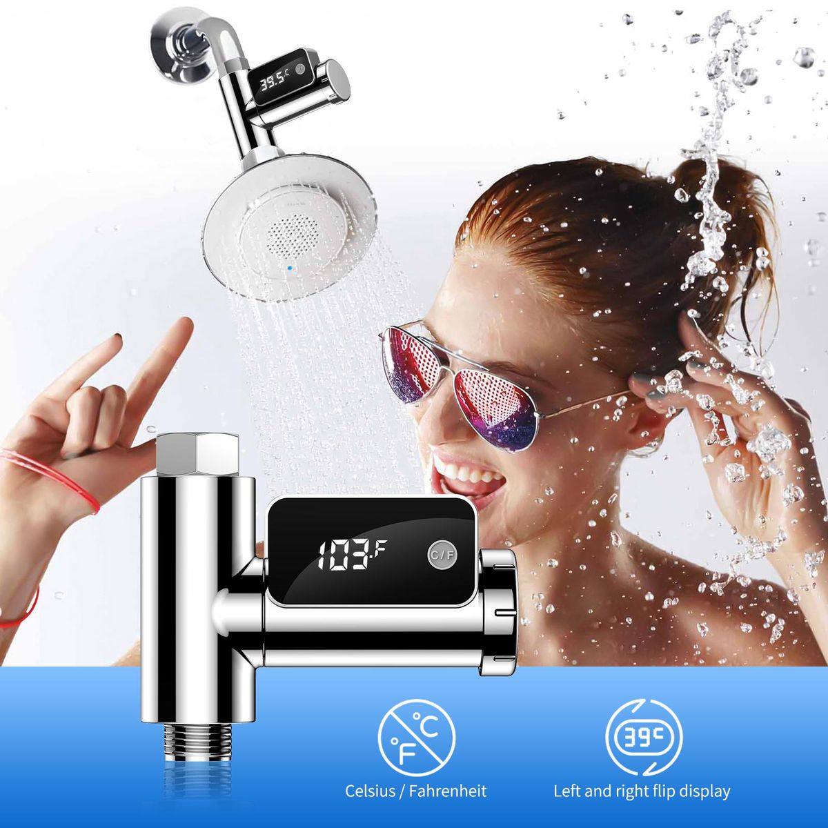 Digital Shower Thermometer Intelligent Water Temperature Meter Water Flow Power Thermometer Rotatable LED Display Screen Bath Water Temperature Monitor
