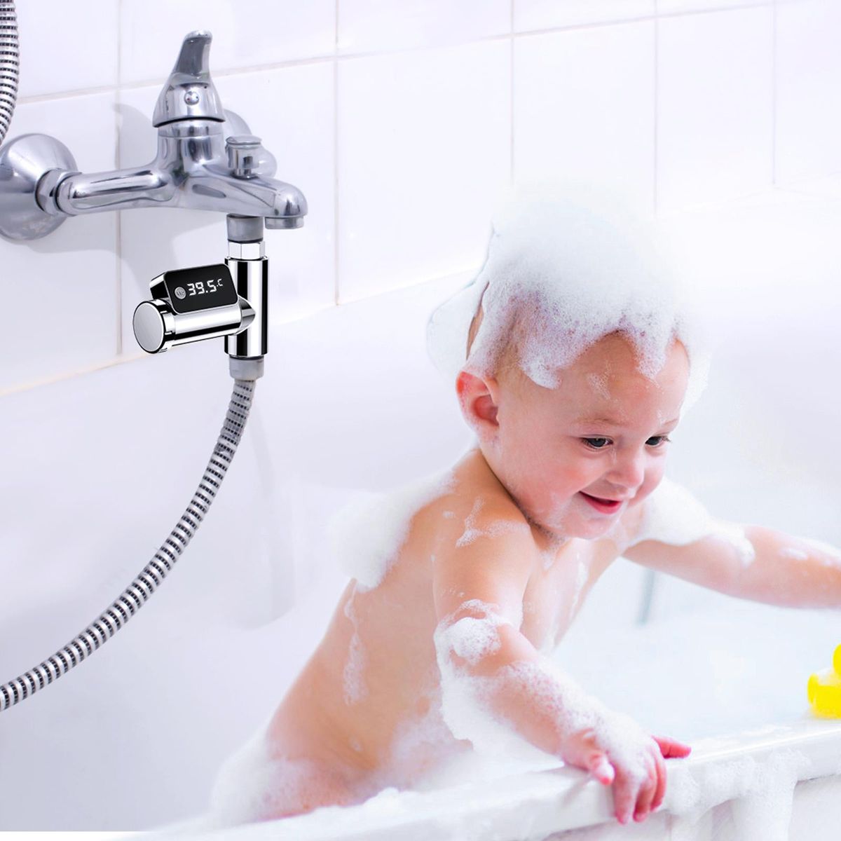 Digital Shower Thermometer Intelligent Water Temperature Meter Water Flow Power Thermometer Rotatable LED Display Screen Bath Water Temperature Monitor