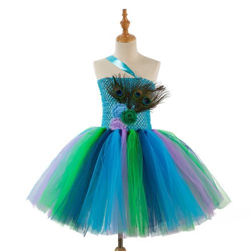 Girls' Dress [Peacock Feather*Net Yarn One-shoulder Skirt*Ballet]-Green