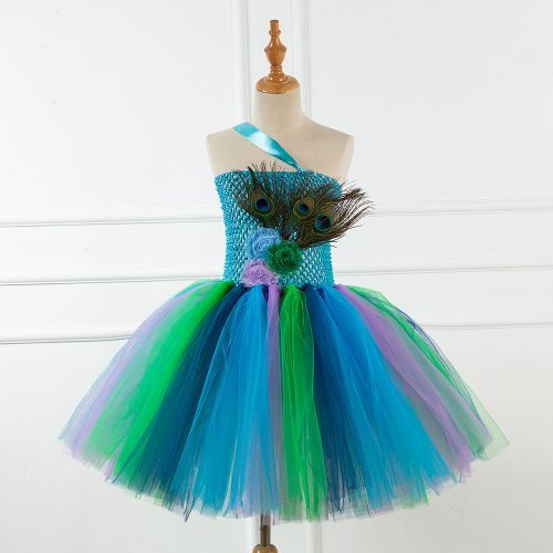Girls' Dress [Peacock Feather*Net Yarn One-shoulder Skirt*Ballet]-Green