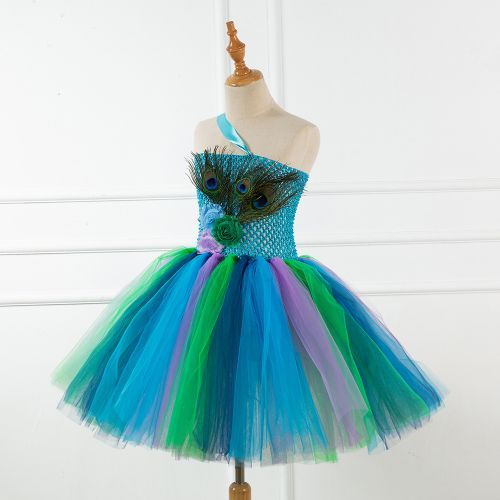 Girls' Dress [Peacock Feather*Net Yarn One-shoulder Skirt*Ballet]-Green