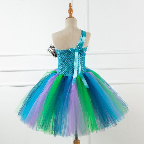 Girls' Dress [Peacock Feather*Net Yarn One-shoulder Skirt*Ballet]-Green