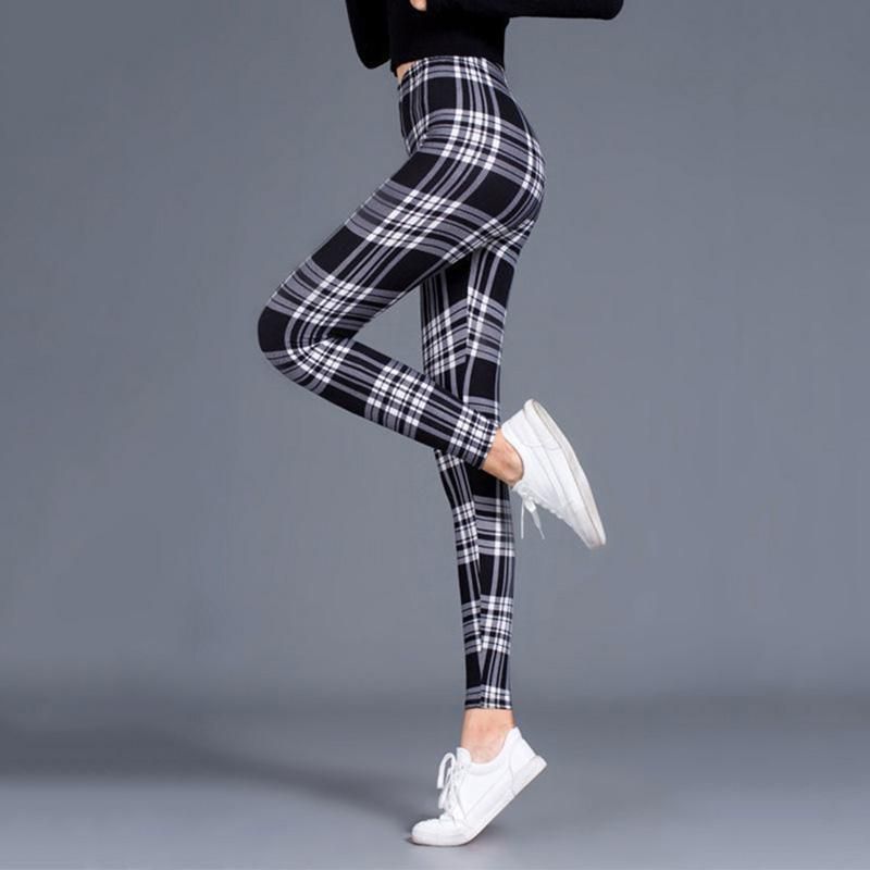 High waist yoga mesh for women Breathable checkered training clothing Elastic trousers from Realce-Black White Plaid