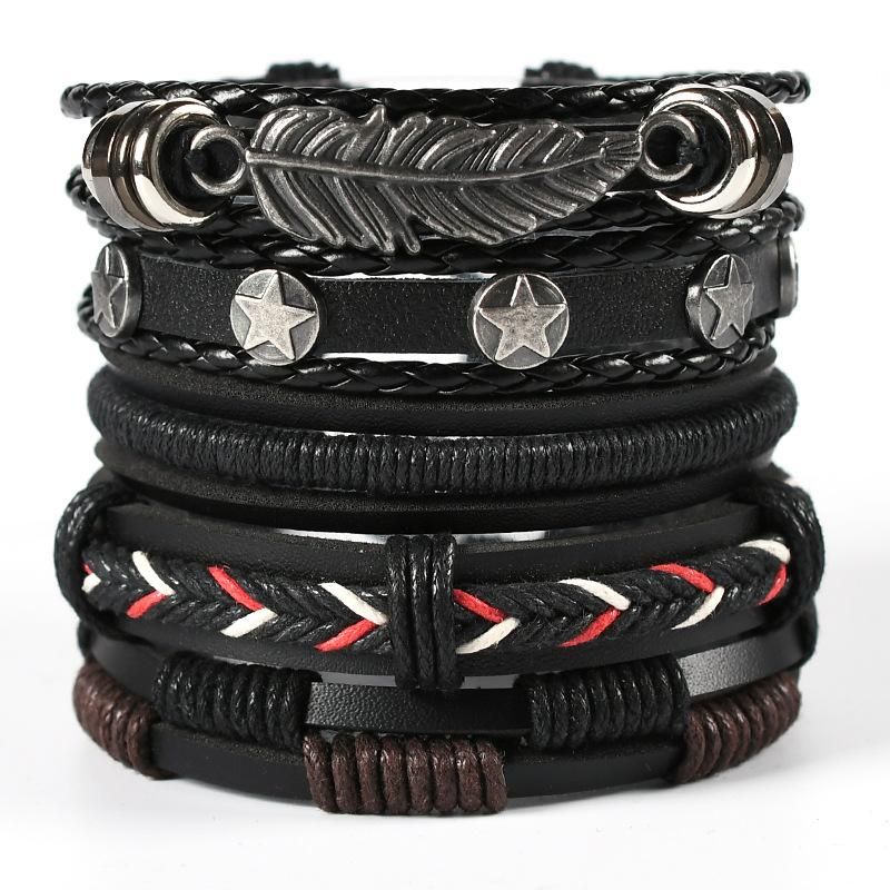 European and American retro punk men's bracelet combination multi-layer leaf feather leather handmade trend bracelet 6 combinations