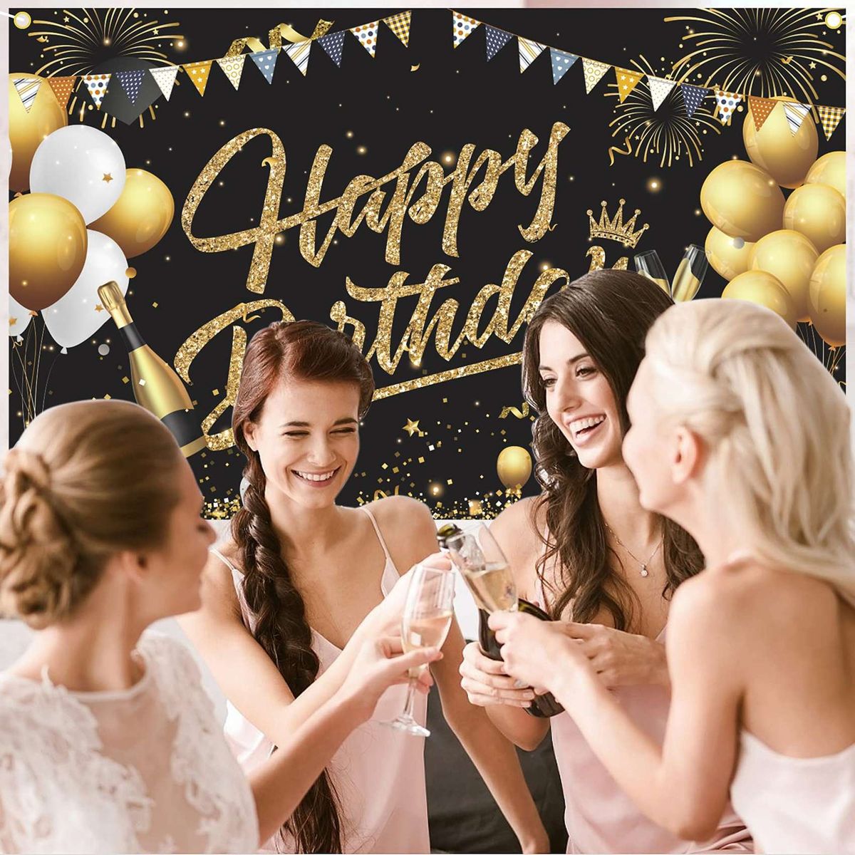 Birthday Backdrop Banner Black Gold Backdrop Sign Happy