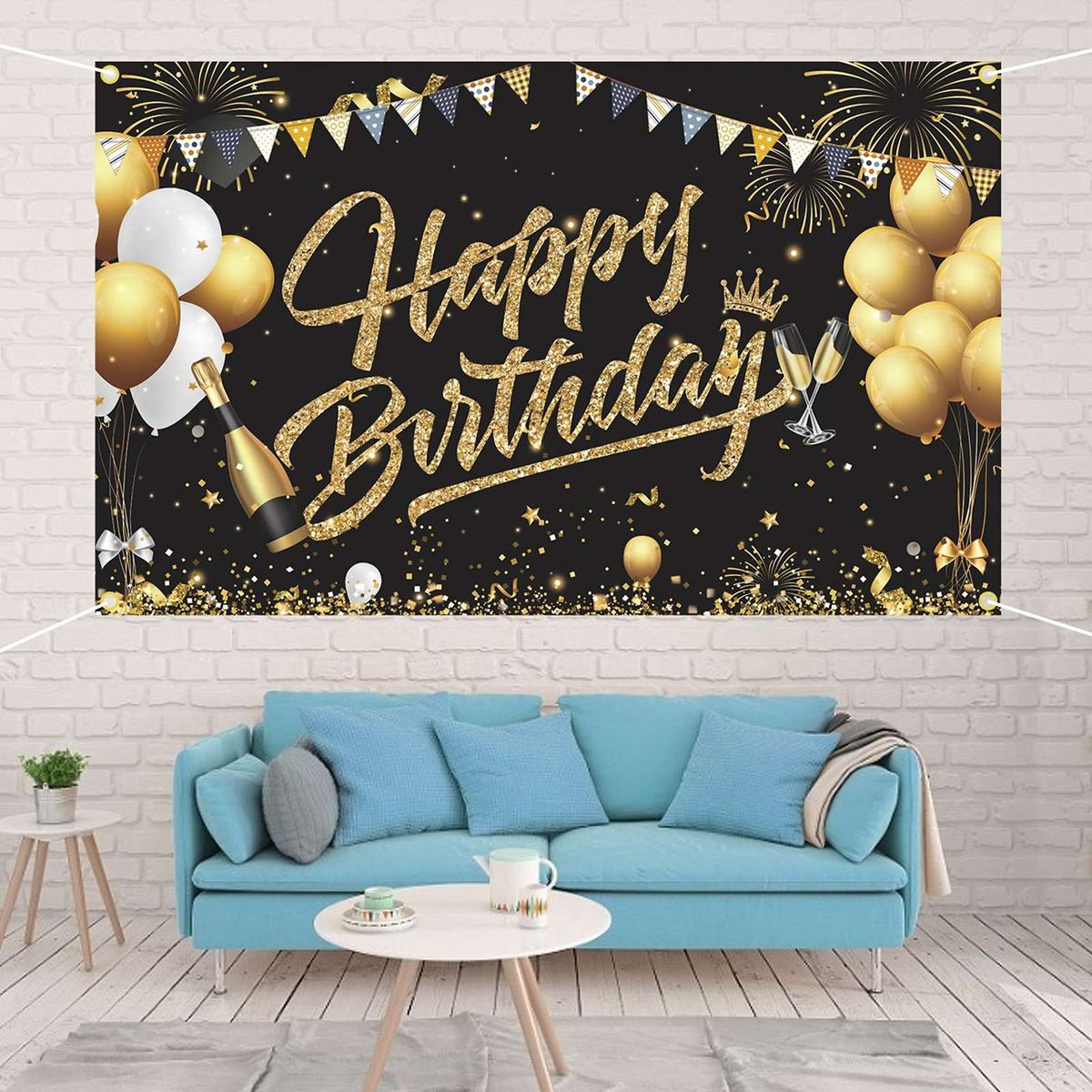 Birthday Backdrop Banner Black Gold Backdrop Sign Happy