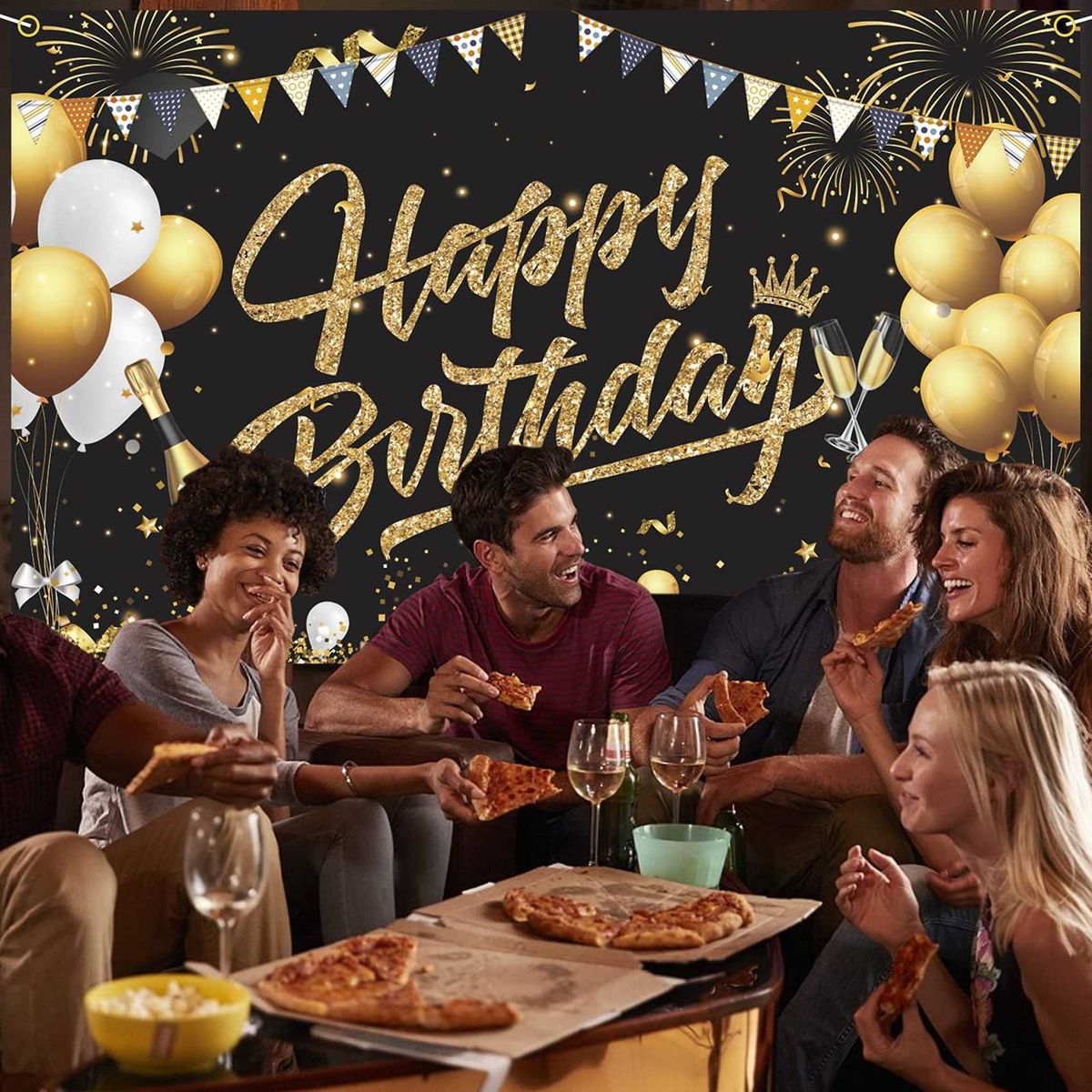 Birthday Backdrop Banner Black Gold Backdrop Sign Happy
