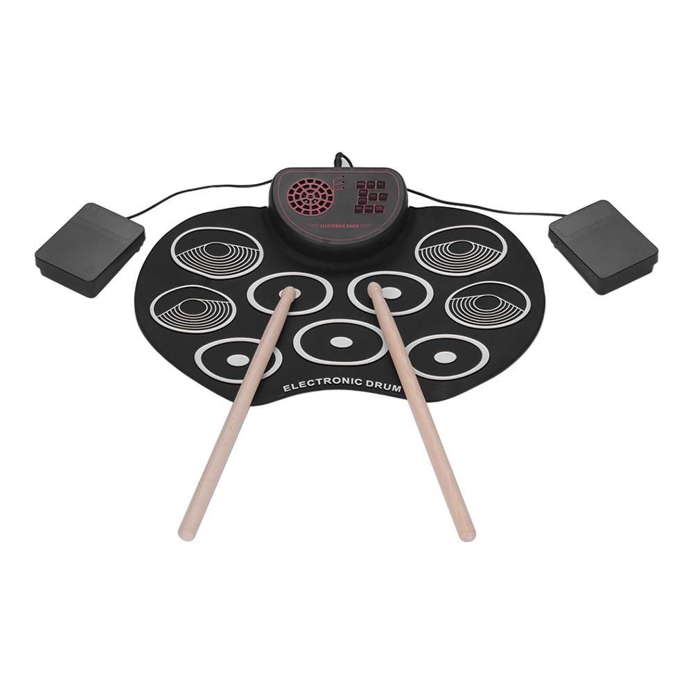 Portable Electronic Drum Set USB Roll Up Drum Pad Kit 9 Drumpads Built-in Speaker with Sticks and Foot Pedals Digital Percussion Instruments