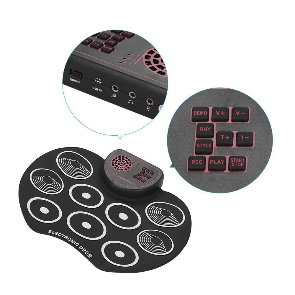 Portable Electronic Drum Set USB Roll Up Drum Pad Kit 9 Drumpads Built-in Speaker with Sticks and Foot Pedals Digital Percussion Instruments