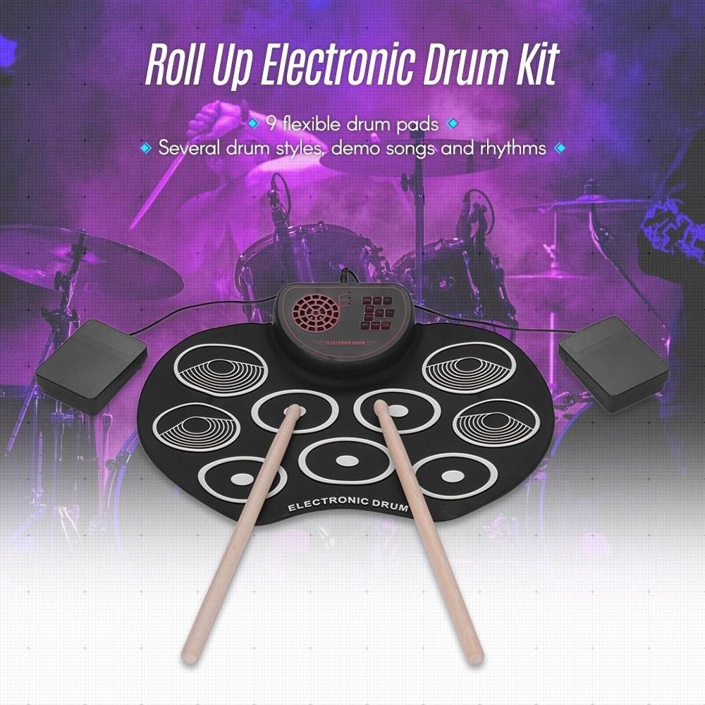 Portable Electronic Drum Set USB Roll Up Drum Pad Kit 9 Drumpads Built-in Speaker with Sticks and Foot Pedals Digital Percussion Instruments