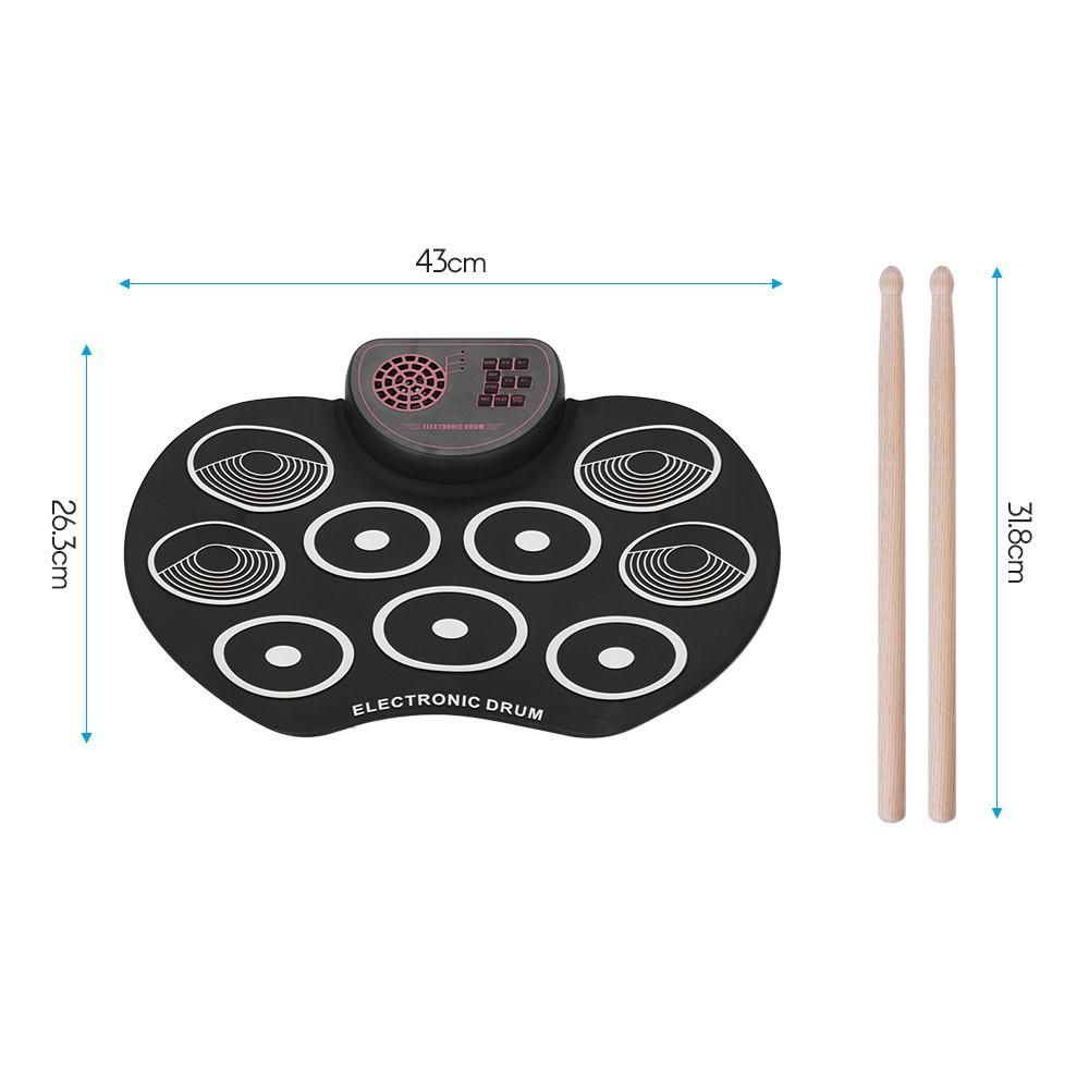 Portable Electronic Drum Set USB Roll Up Drum Pad Kit 9 Drumpads Built-in Speaker with Sticks and Foot Pedals Digital Percussion Instruments