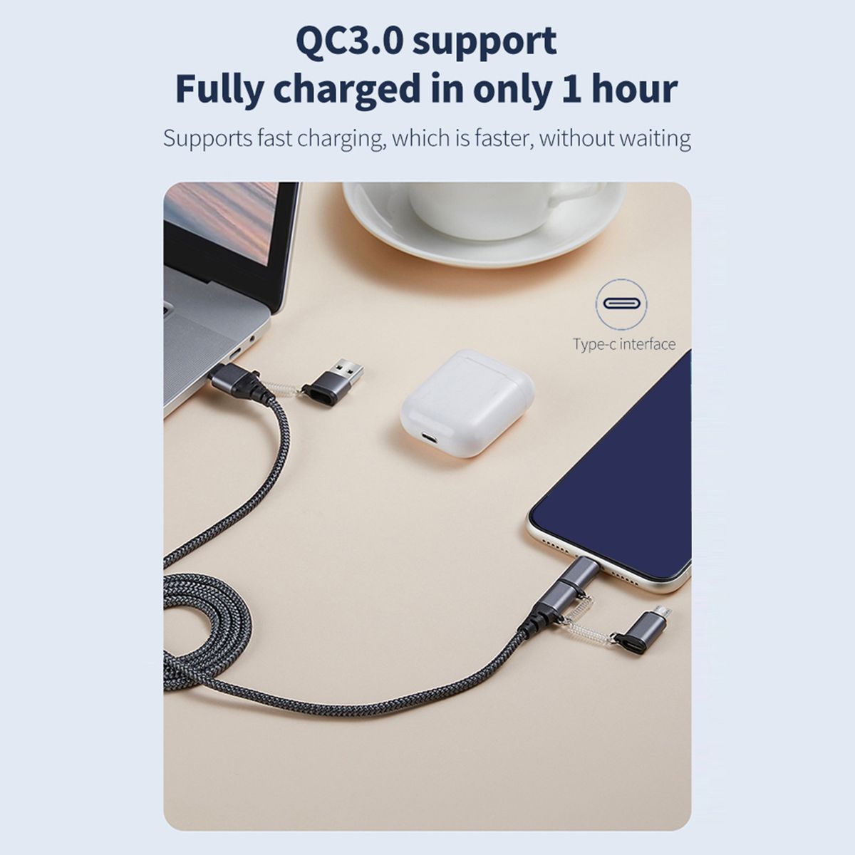 5-in-1 USB Cable Fast Charging  For Apple/Android/Type-C