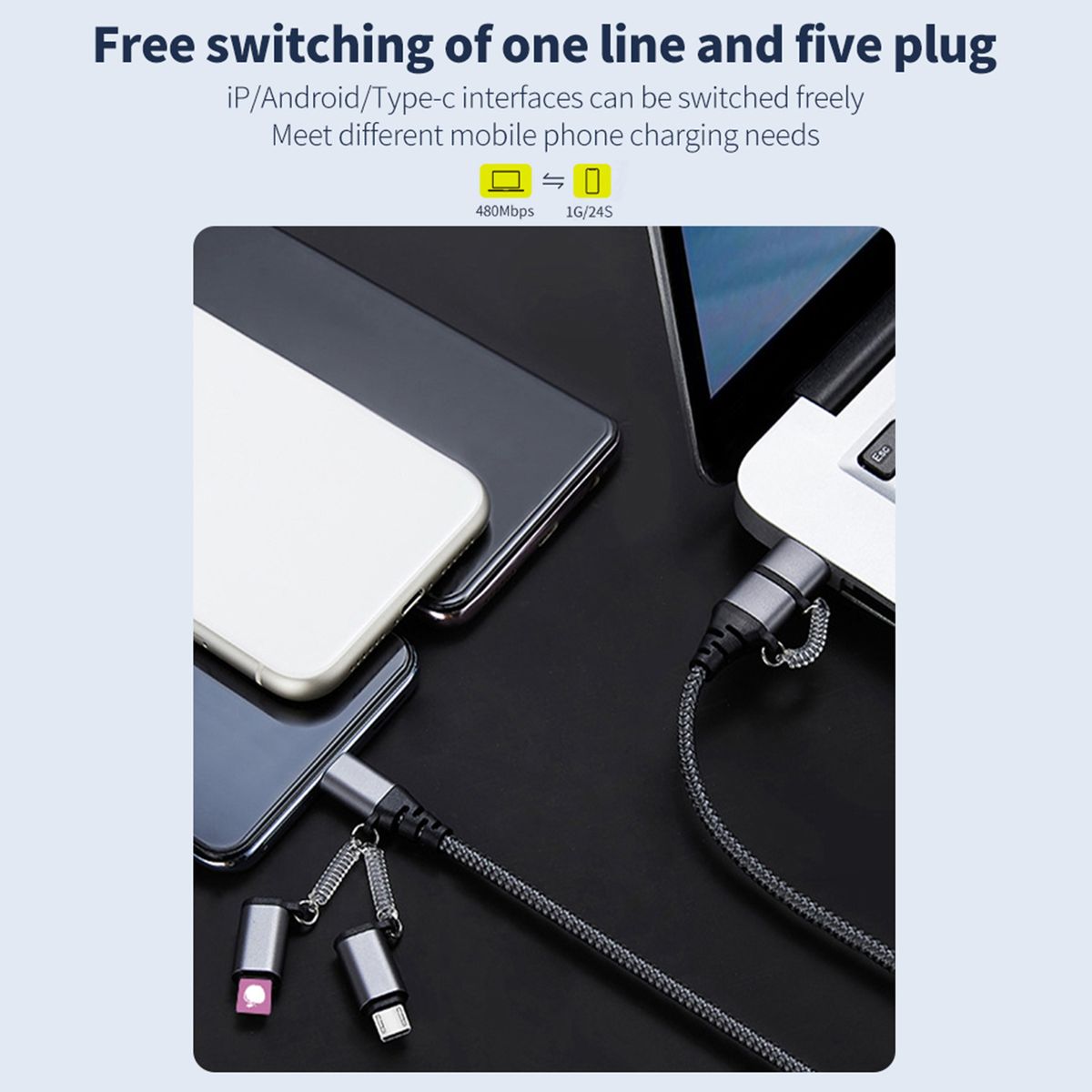 5-in-1 USB Cable Fast Charging  For Apple/Android/Type-C