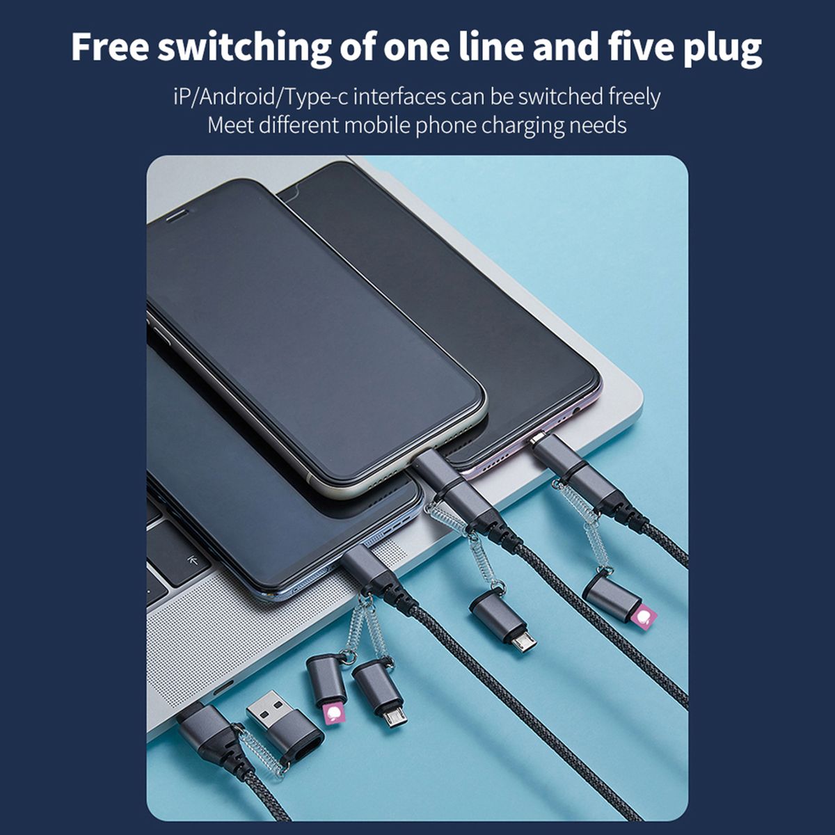 5-in-1 USB Cable Fast Charging  For Apple/Android/Type-C