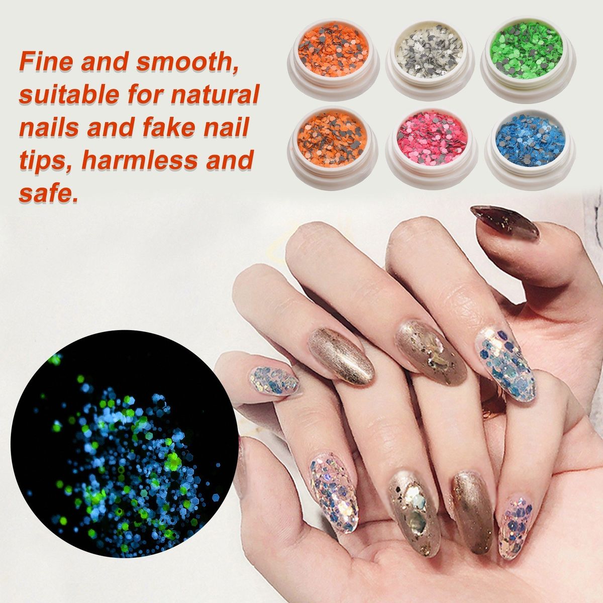 6 Colors Glow In The Dark Glitter Dipping Nail Powder Nail