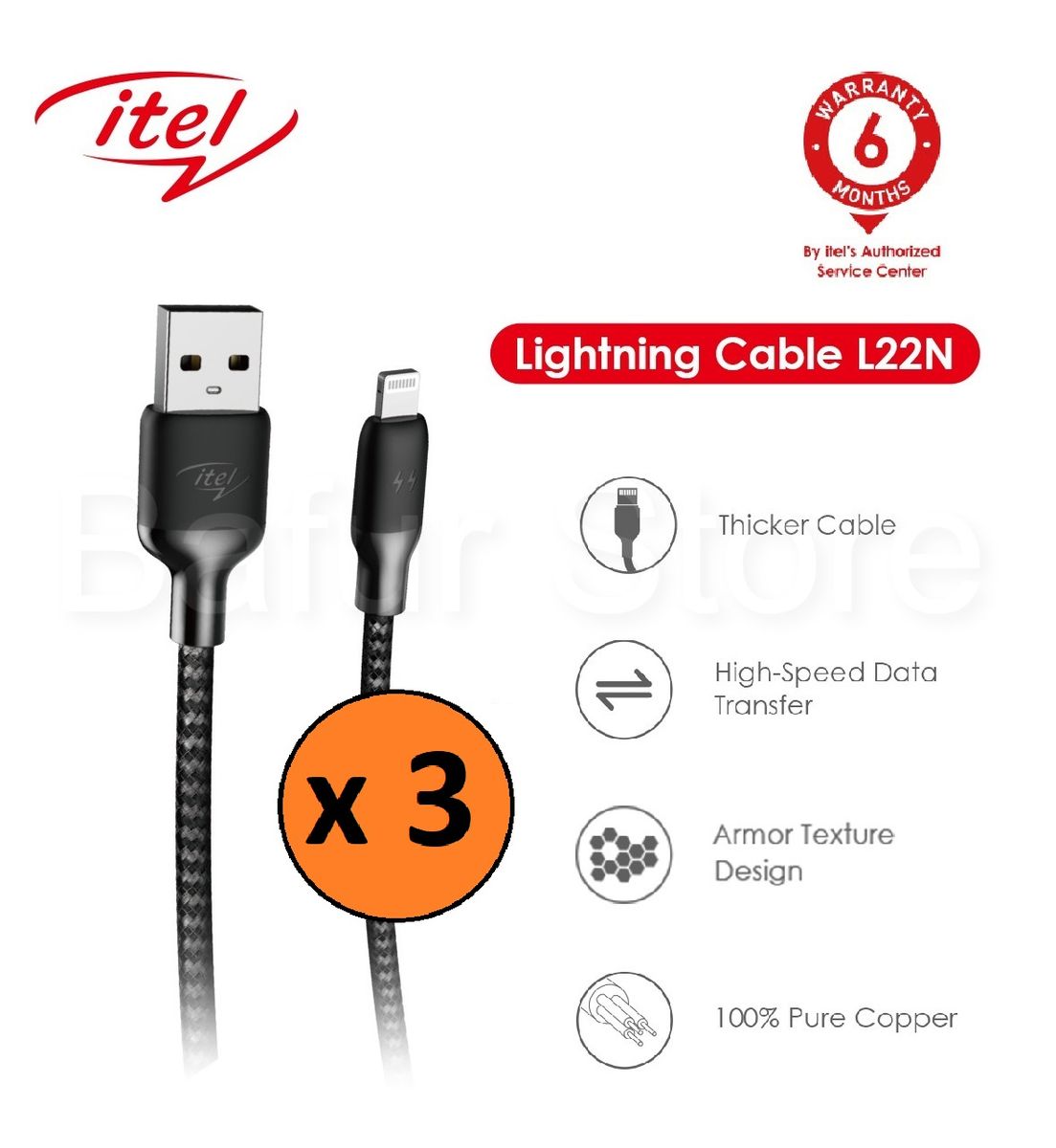 Lightning Braided Fibre USB Cable - 3pcs