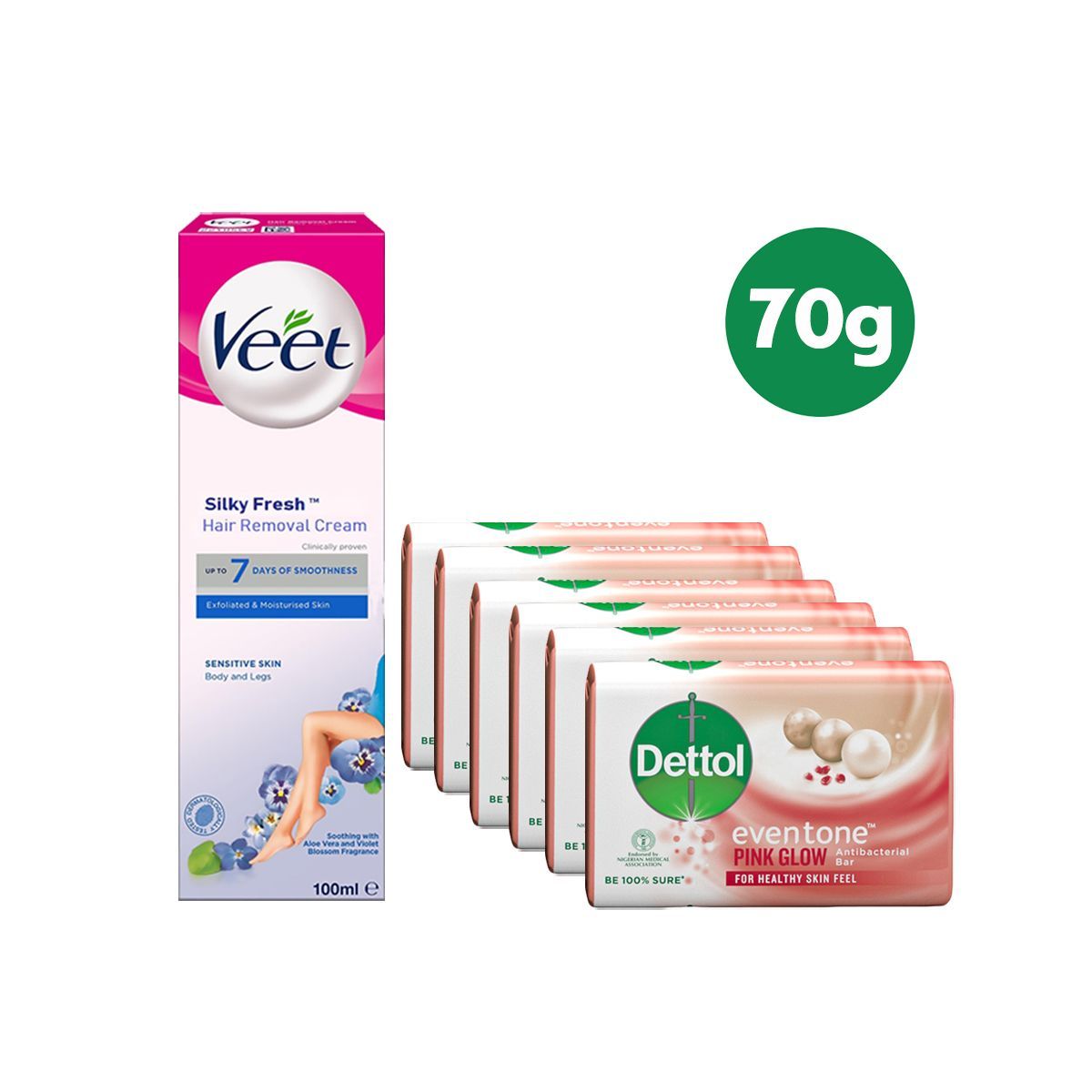 Hair Removal Cream 100ml + Dettol 65g Pink Glow - Pack Of 6