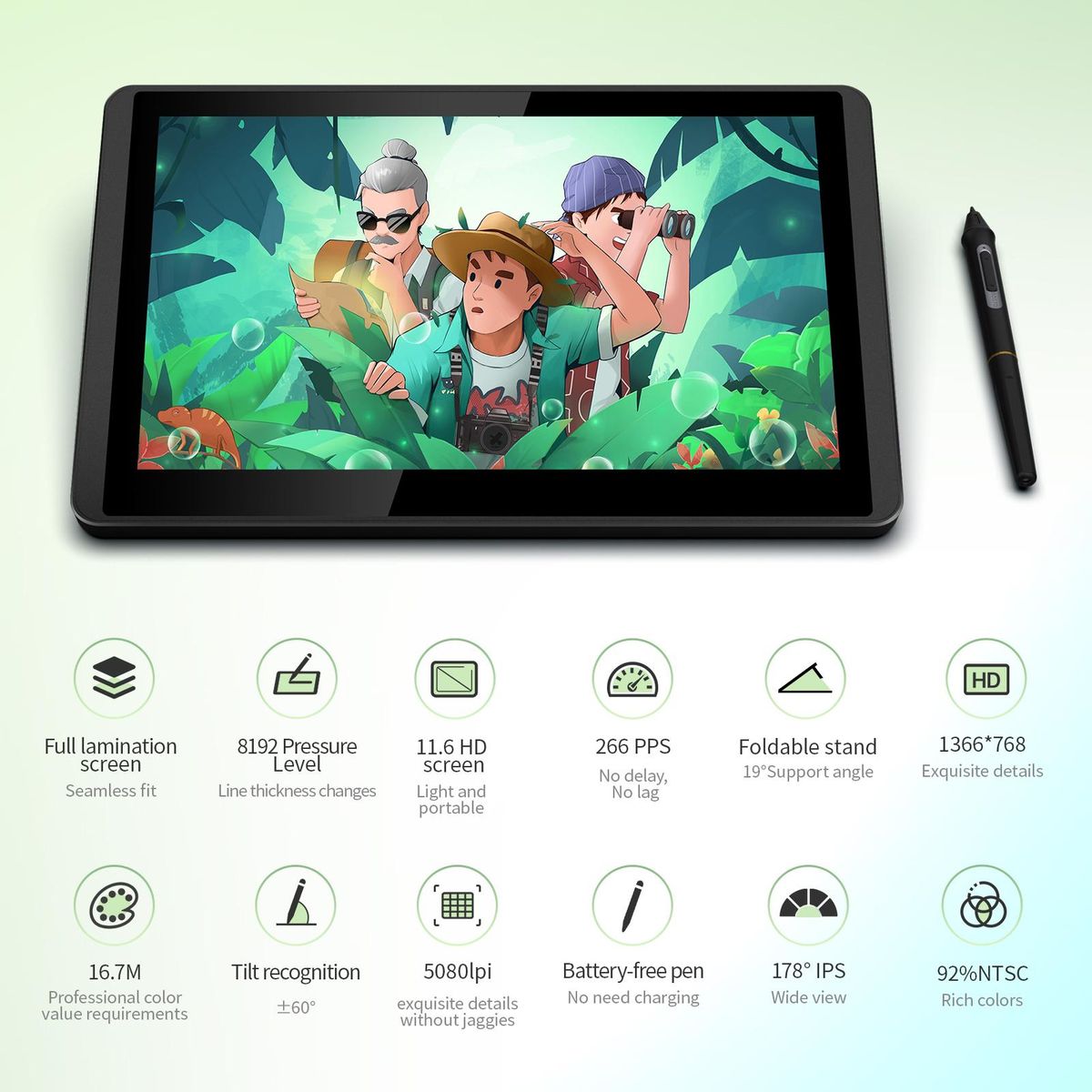 Bisofice 12HD-A H-IPS LCD Graphics Drawing Tablet Monitor 11.6 Inch Size 1366x768 Display 8192 Pressure Level Passive Technology with Tilt Function Support Windows MacOS USB-Powered Low Consumption Drawing Tablet with Interac