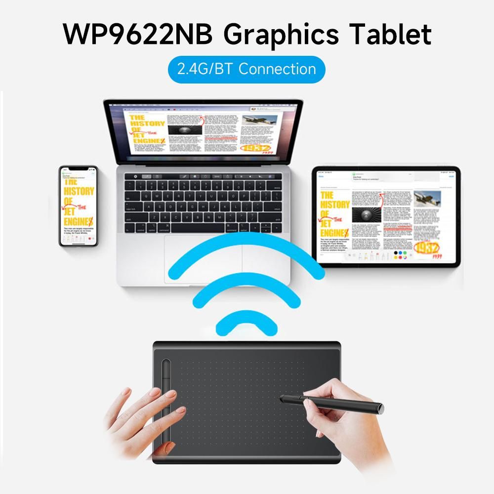 WP9622NB Graphics Tablet Drawing Tablet 8192 Levels Pressure Sensitivity 5080LPI Resolution 230PPS Read Speed 2.4G/BT Connection