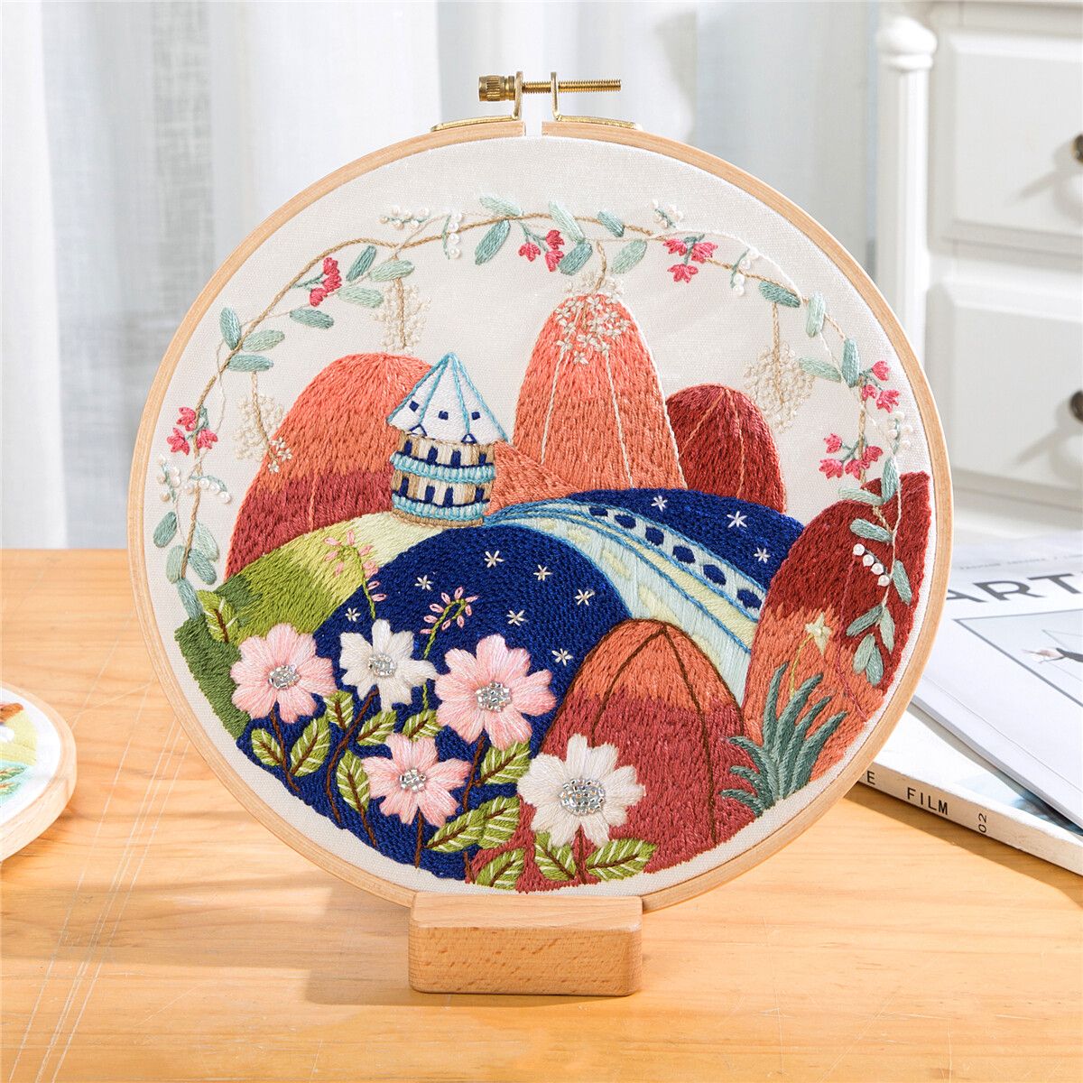 DIY Embroidery Starter Kit Flower Pattern Cross Stitch Needlework Without Hoop Pattern 3