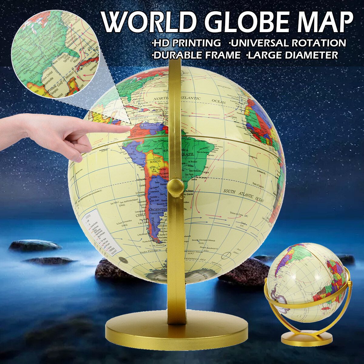 360° Rotating World Globe Map Earth Geography World Kids Gift Toy Vintage Style