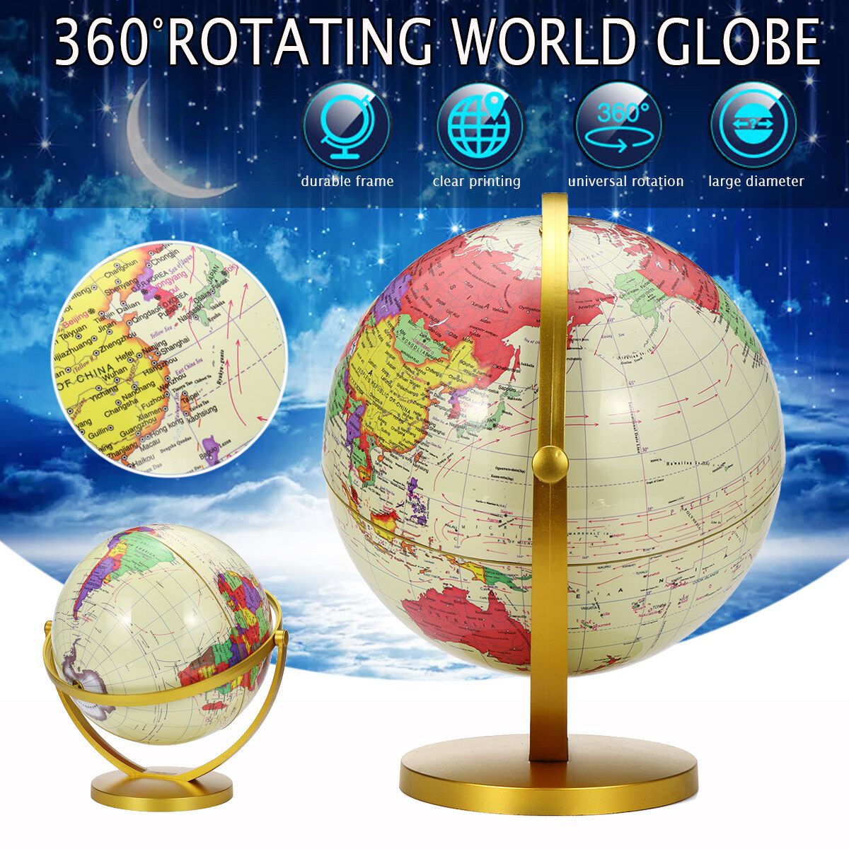 360° Rotating World Globe Map Earth Geography World Kids Gift Toy Vintage Style