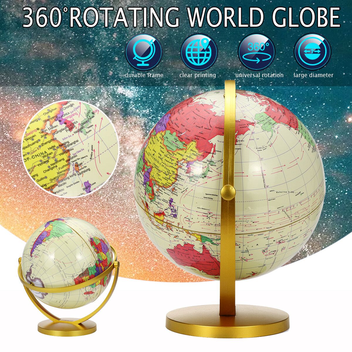 360° Rotating World Globe Map Earth Geography World Kids Gift Toy Vintage Style
