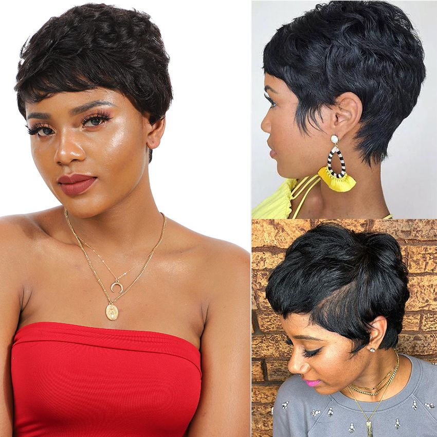 Human S With Bangs Short Bob Straight  Pixie Cut