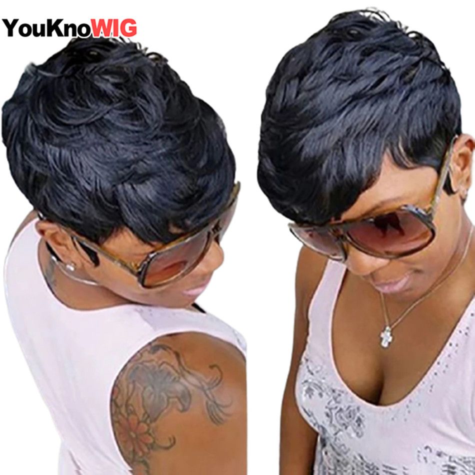 Pixie Cut  Full Machine Made Perruque Cheveux Humain Less