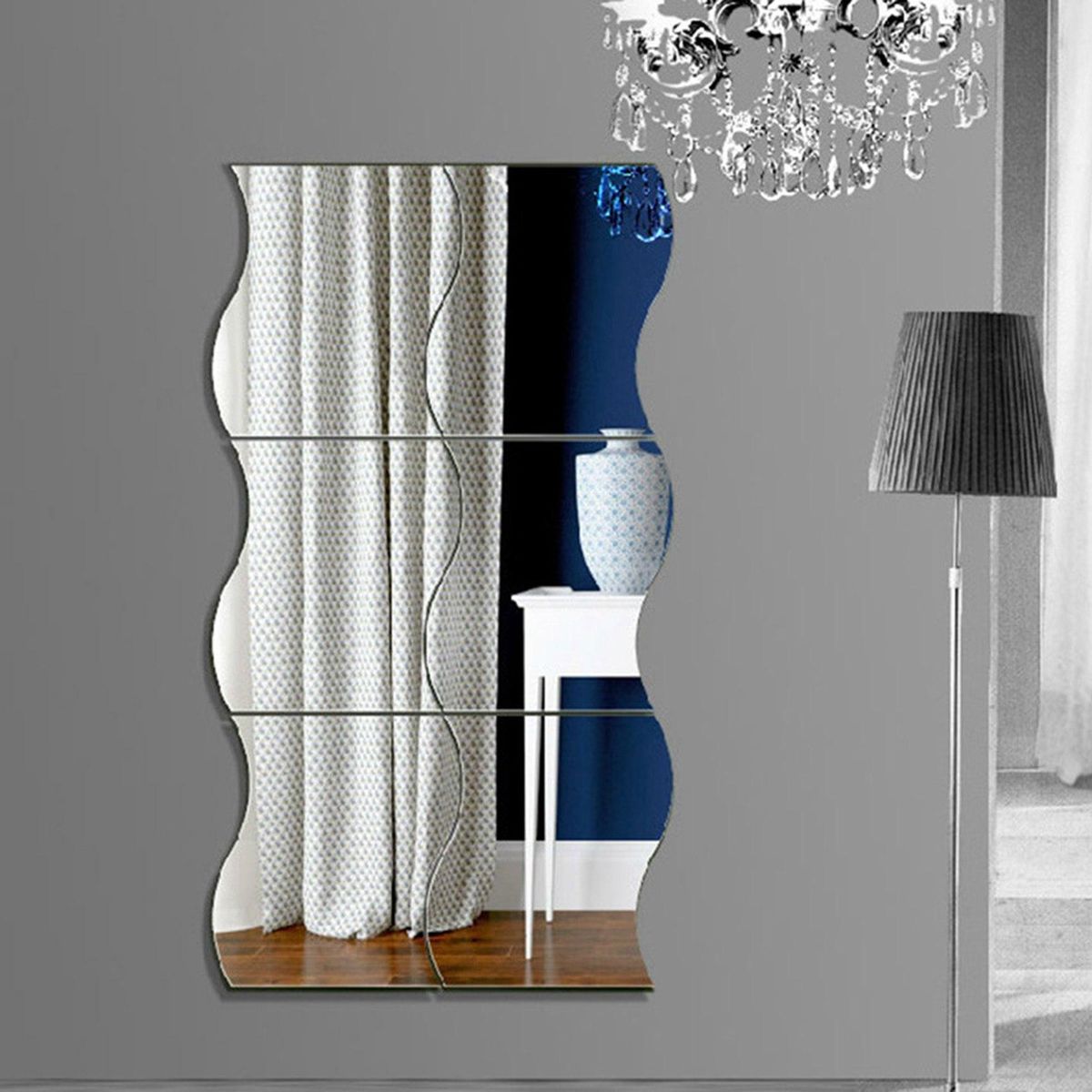 6 PCS 3D Wave Mirror Sticker DIY Silver Wall Mirror