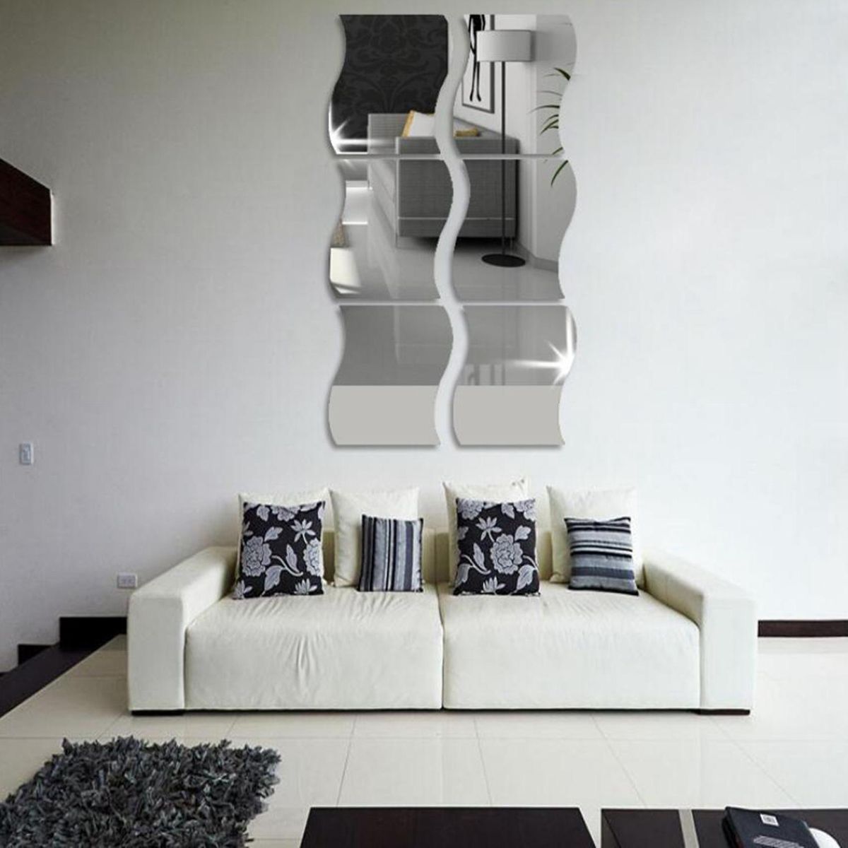 6 PCS 3D Wave Mirror Sticker DIY Silver Wall Mirror